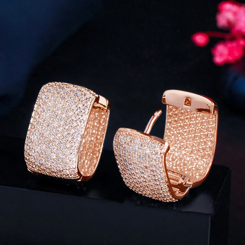 Huitan Full Cubic Zirconia Hoop Earrings for Women Bling Bling Temperament Female Ear Accessories Luxury Bridal Wedding Jewelry