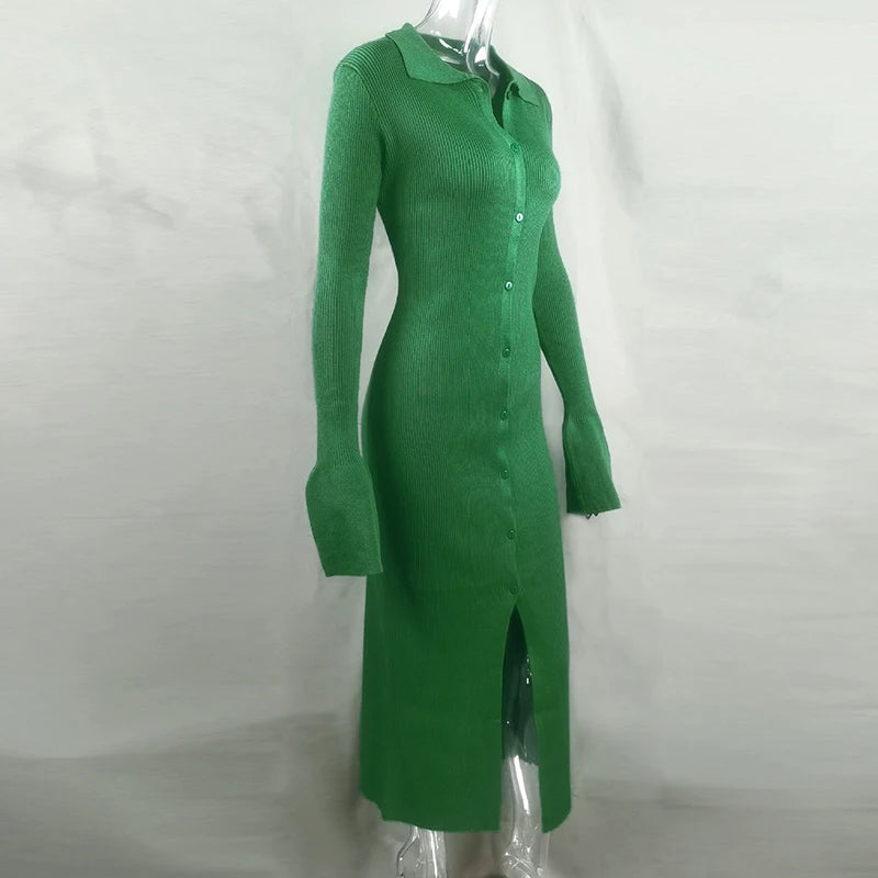 Flare Sleeve Knitted Dress Women Y2K Autumn Winter Sexy Slim Green Midi Dress American Single Breasted Streetwear Club Vestidos