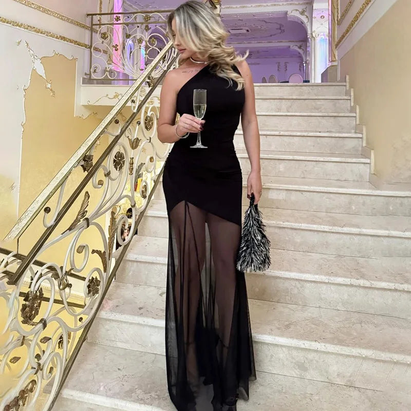 Off-Shoulder Sheer Backless Floor-Length Dress