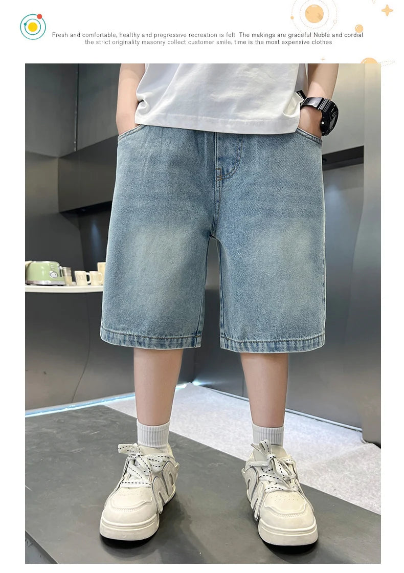 Boys Denim Shorts Teen Boys Casual Knee-Length Jeans Teenage Child Blue Denim With Y2K Fashion Style Trousers Toddler Ages 4-14Y