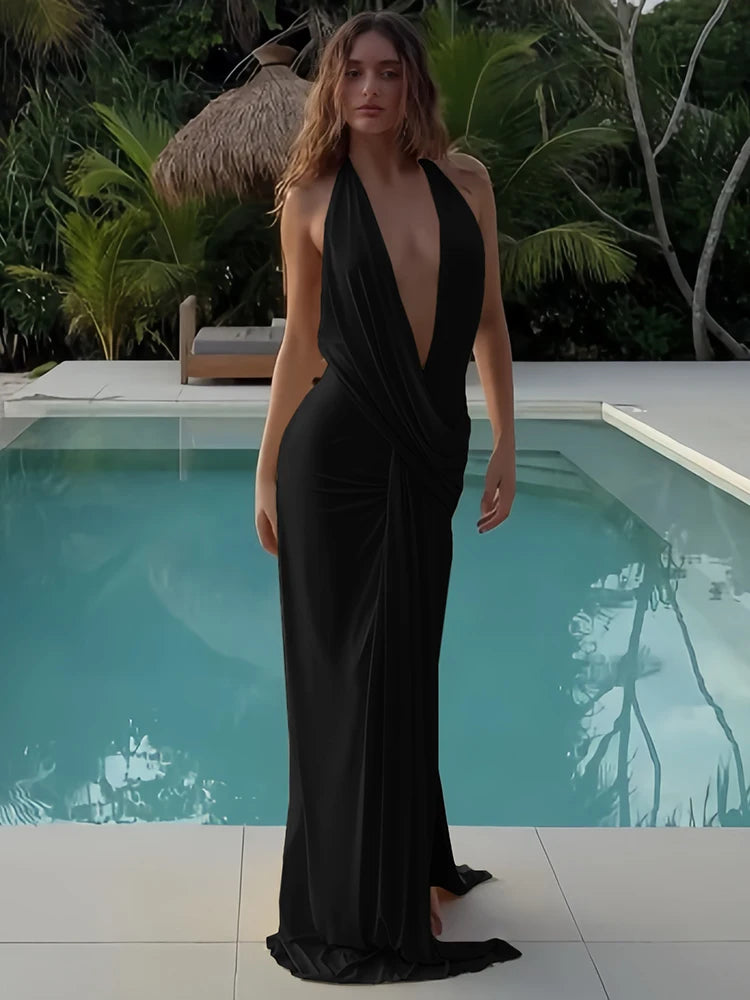 Halter Deep V Ruched High-Split Maxi Dress