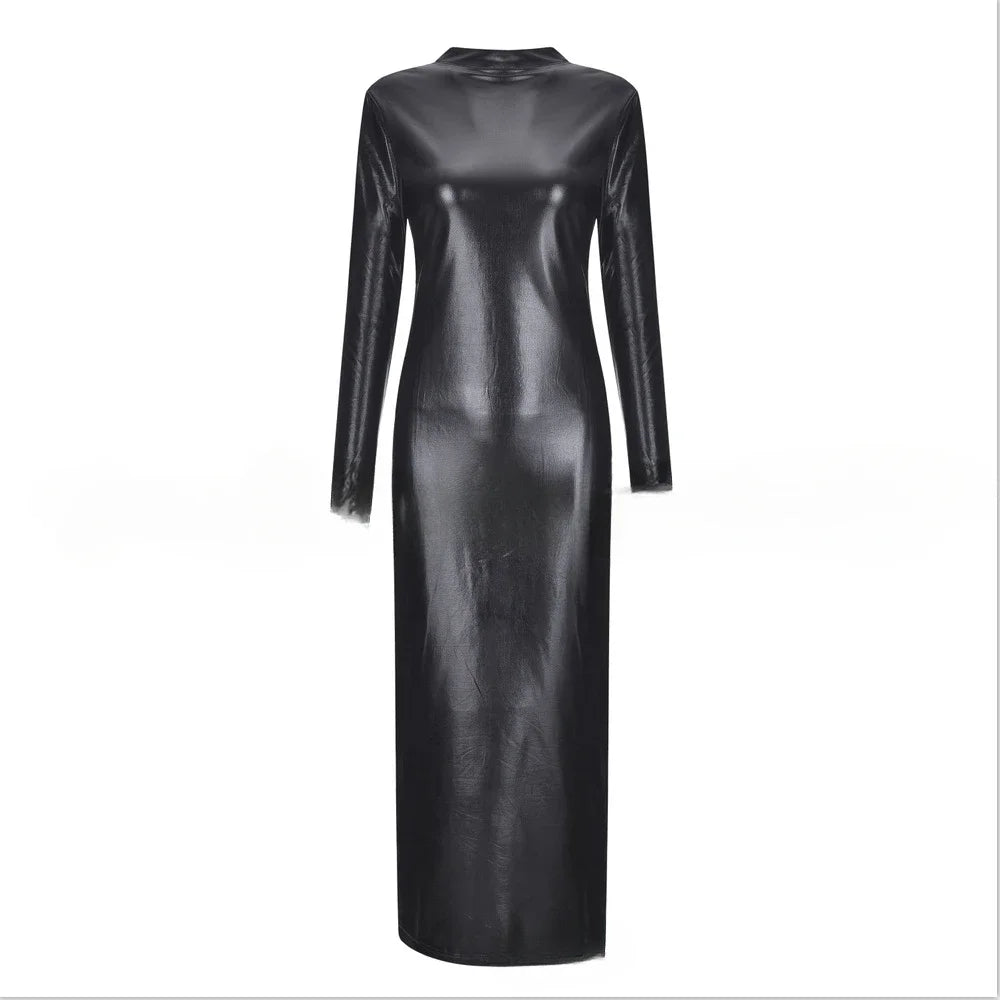 Sexy High Neck Long Sleeve Bodycon Long Pencil Dress Women Shiny PU Leather Back Hollow Out Fetish Wetlook Slim Fit Dresses