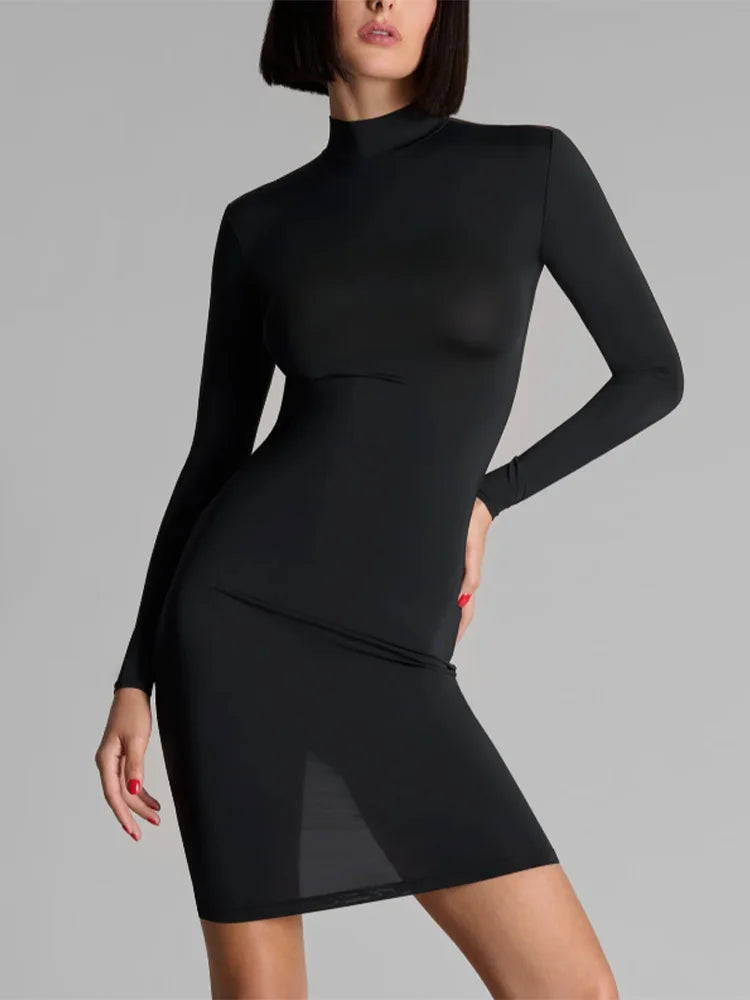Summer Slim Fit Midi Dress Women Sexy Sheer Mesh Insert Long Sleeve High Neck Black Bodycon Party Dress
