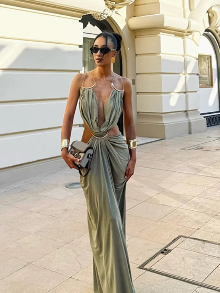 Metal Trim Spaghetti Strap Backless Maxi Dress