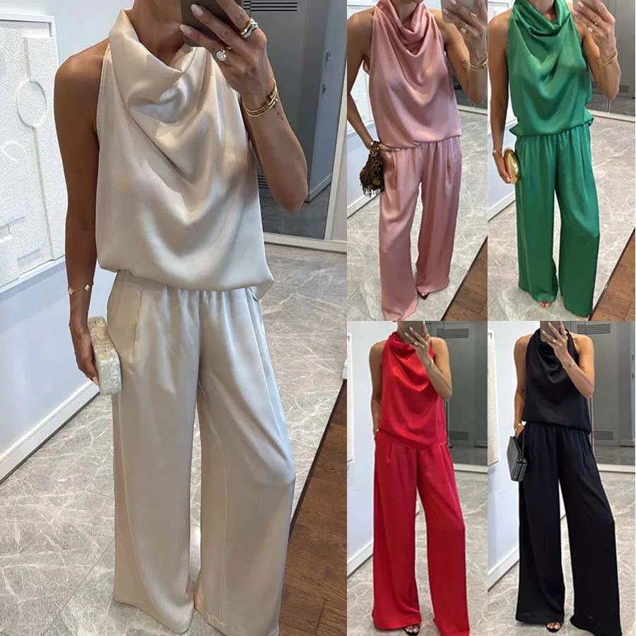 Women's Sleeveless Satin Top & Straight Pants 2-Piece Set – Chic Commuter Suit