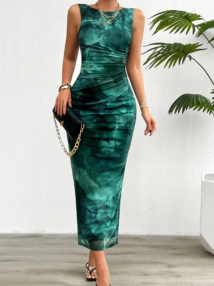 Women's 2024 Spring Summer New Fashionable Printed Round Neck Style Slimming Sleeveless Tight Dress With Split Bottom