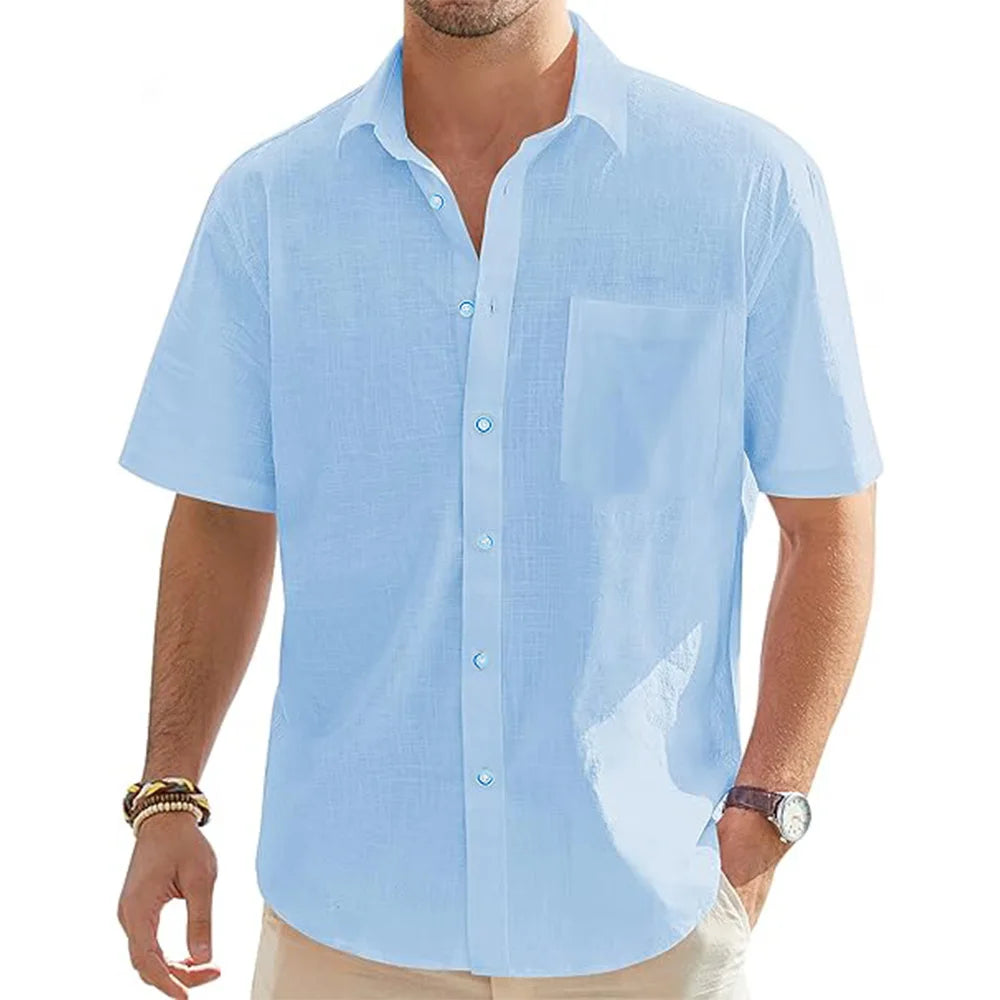 Men's Cotton Linen Short Sleeve Shirts Casual Lightweight Button Shirts Vacation Beach Summer Tops with Pocket