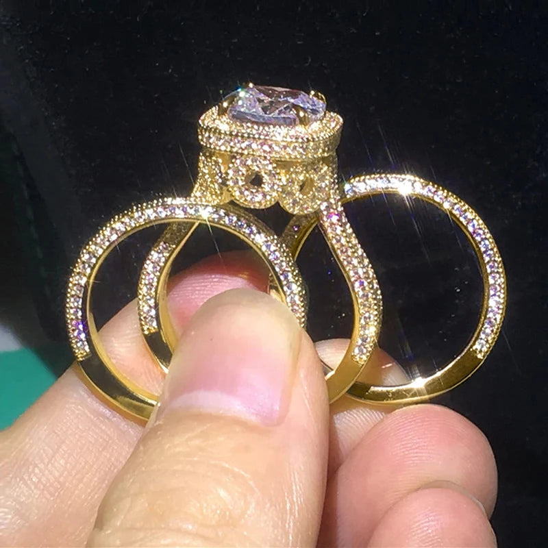 Huitan Luxury Women 3Pcs/Set Ring Gorgeous Accessories Inlaid Brilliant CZ Fashion Chic Wedding Party Elegant Female Jewelry