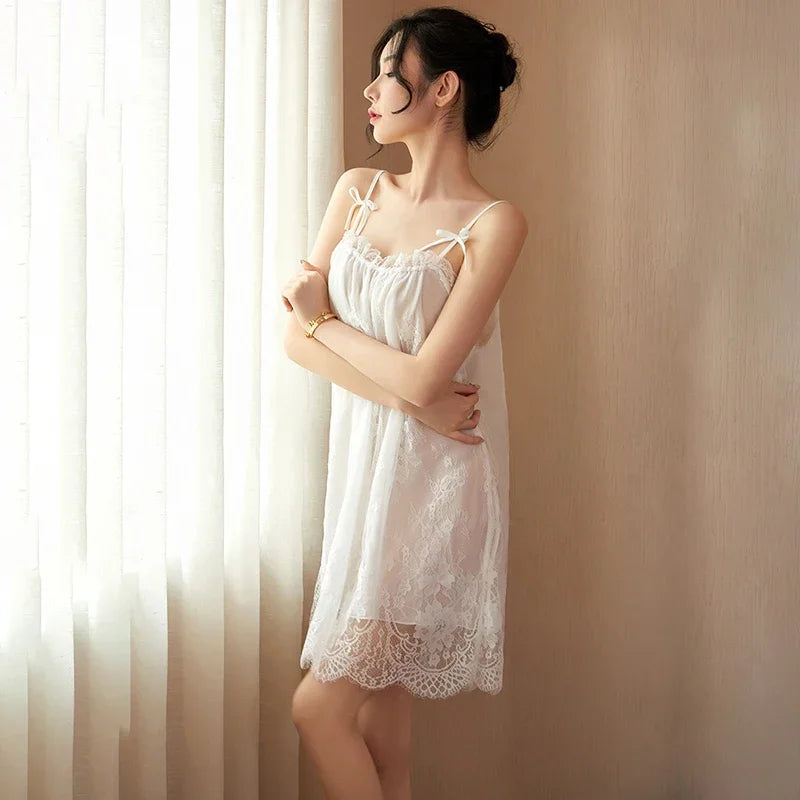 Women's Lace Trim Sling Nightdress – Sleeveless Satin-Feel Sleepwear Mini Dress