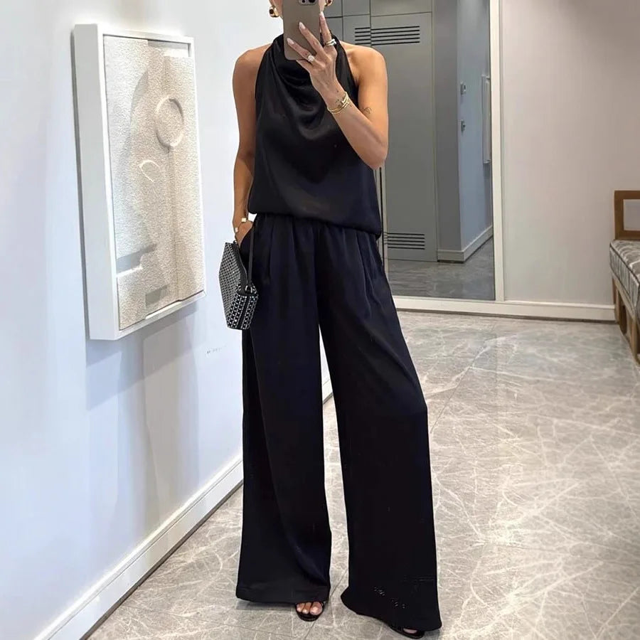 Women's Sleeveless Satin Top & Straight Pants 2-Piece Set – Chic Commuter Suit
