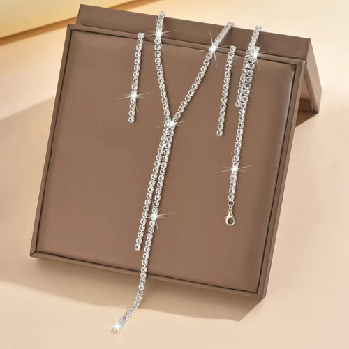 4-Piece Geometric Jewelry Set — Necklace, Earrings & Bracelet | CZ Copper Alloy | Wedding & Party