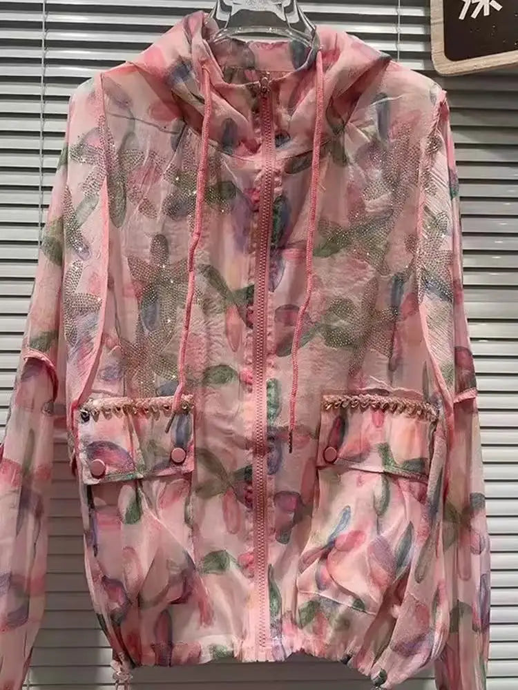 Luxury Style Sparkle Sequins Women Hooded Spring Summer Loose Casual Zipper Sunscreen Shirts Blouses Thin Outerwear Tops Clothes