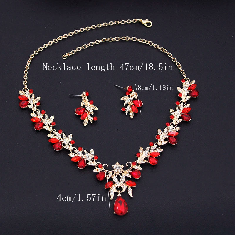 Luxury Bride Crown Jewelry Sets for Women Red Tiaras and Necklace Earrings Set Party Prom Bridal Wedding Jewelry Set Accessory
