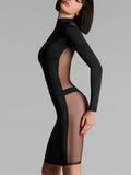 Summer Slim Fit Midi Dress Women Sexy Sheer Mesh Insert Long Sleeve High Neck Black Bodycon Party Dress