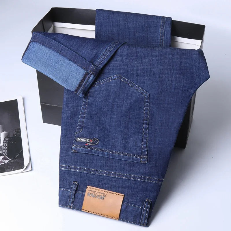 KUBRO Ice Silk Thin Denim Jeans for Men — High-Stretch Straight Leg Business Casual Lightweight Trousers | Spring Summer | 5 Washes | Waist 28–40