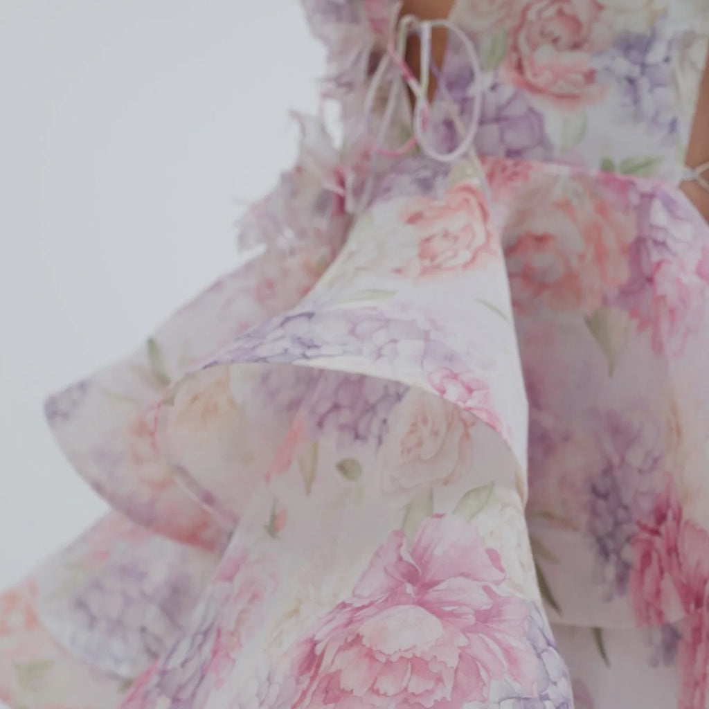 Elegant Floral Print Puff Sleeve Ball Gown Mini Dress Women 3D Flower V-neck Summer Beach Dresses Chic Holiday Evening Vestidos