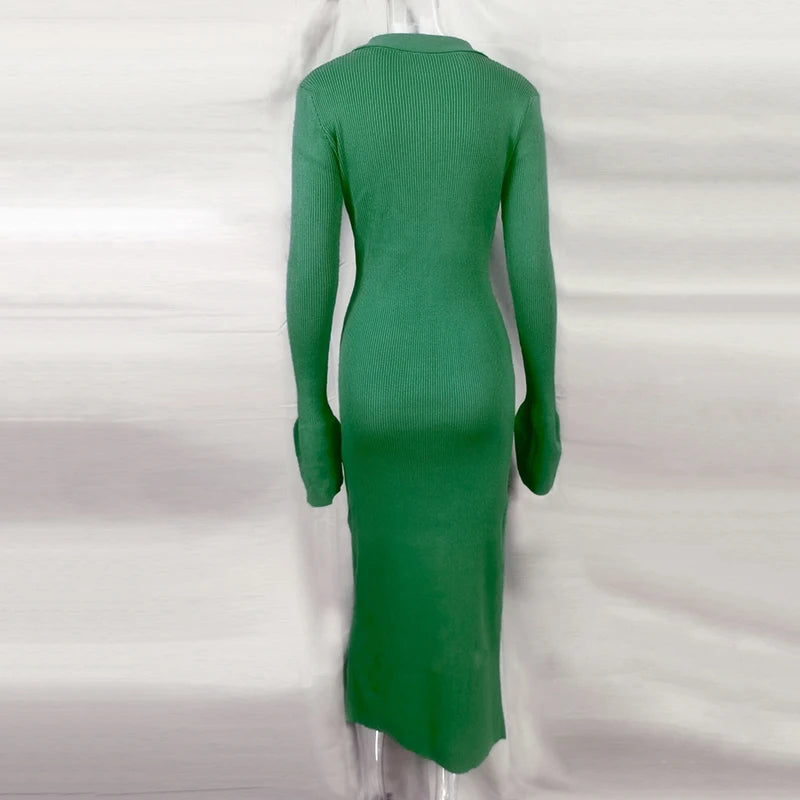 Flare Sleeve Knitted Dress Women Y2K Autumn Winter Sexy Slim Green Midi Dress American Single Breasted Streetwear Club Vestidos
