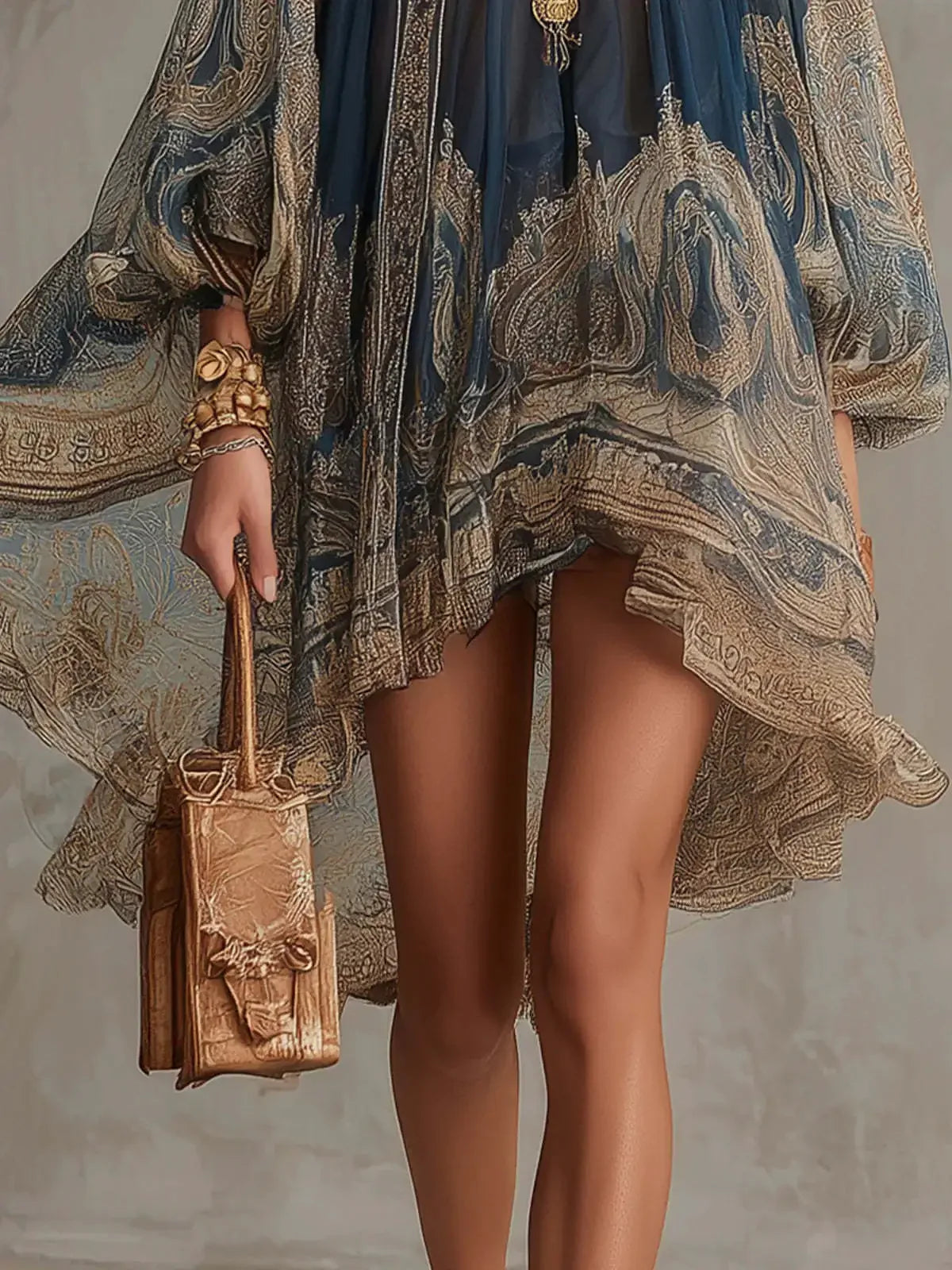 2026 hot  European and American turtleneck printed chiffon dress loose vacation style shawl long-sleeved women's dress