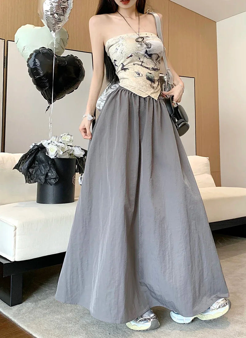 A-Line Midi Skirt with Pockets — Elastic High Waist Loose Casual | Spring Summer | Black Gray Green | S–L
