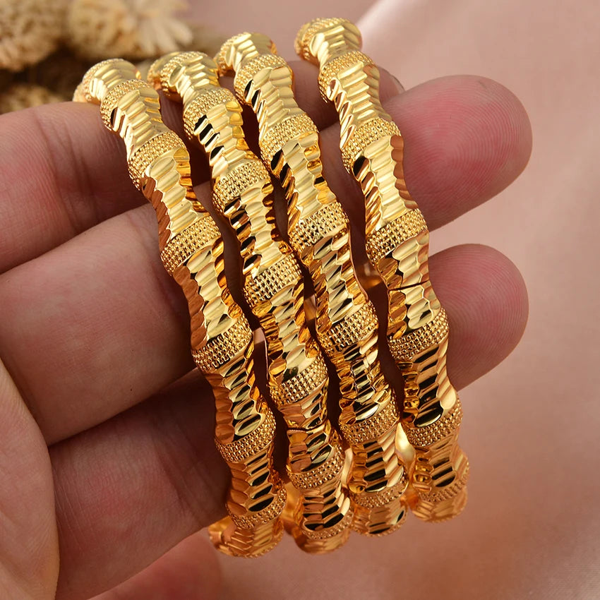 New 24K 4Pcs/lot Dubai Gold Color  Bangles  For Women Girls Bead Festival Good Luck Ethiopian Wedding Bangles Bracelet Jewelry
