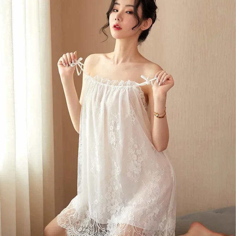 Women's Lace Trim Sling Nightdress – Sleeveless Satin-Feel Sleepwear Mini Dress