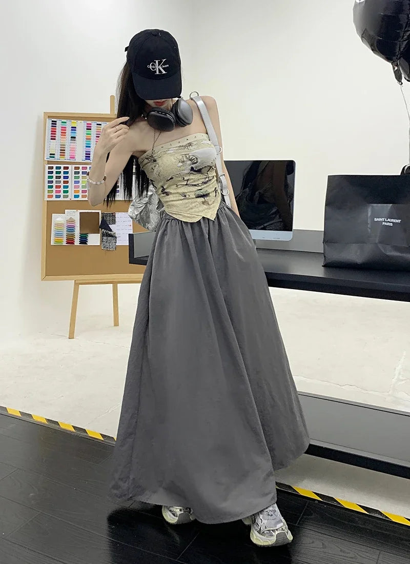 Chic Women Pockets A-Line Long Skirts Ladies Casual Loose Elastic High Waist Midi Skirt 2024 Spring Summer