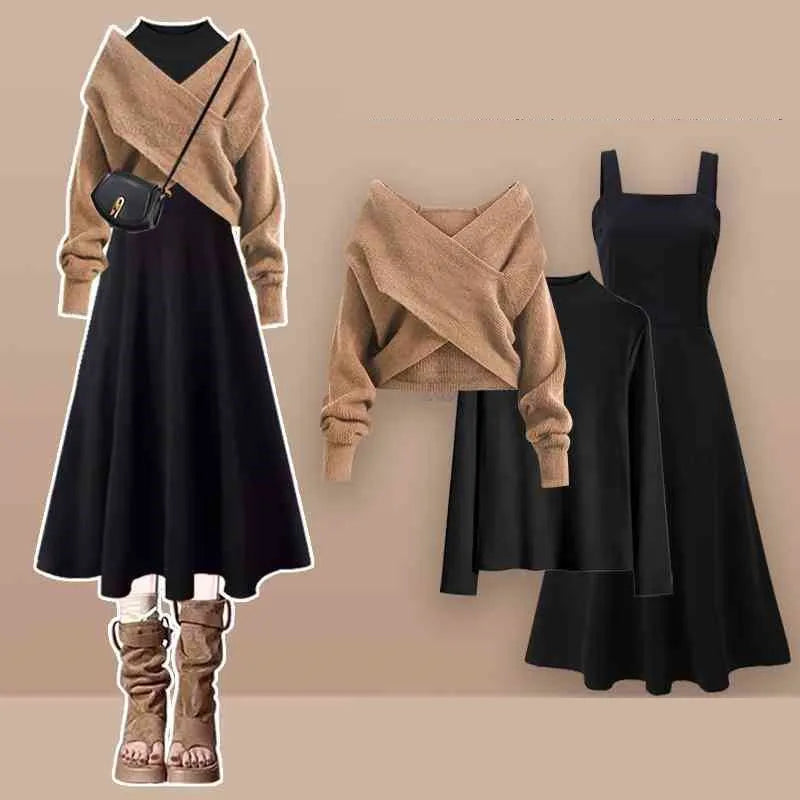 2025 Female Elegant Winter New Cross Knitted Sweater+Bottom Shirt+Black Strap Dress 3-Piece Suit Women Chic Hoodie Matching Set