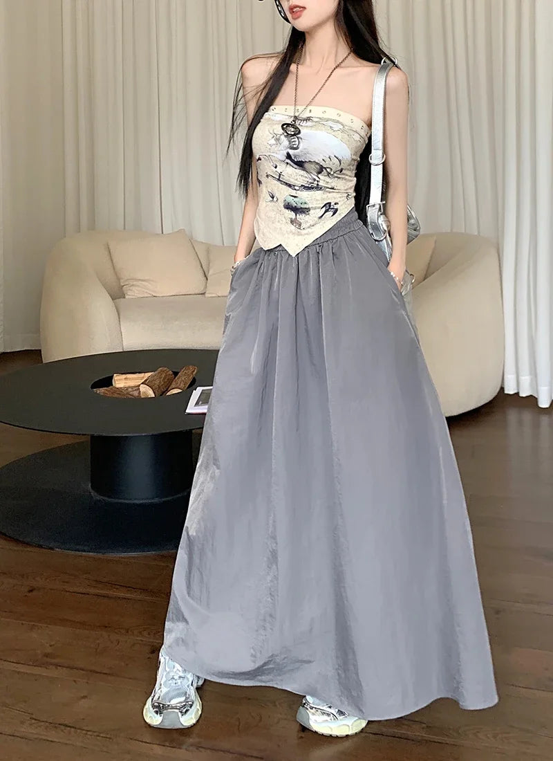 Chic Women Pockets A-Line Long Skirts Ladies Casual Loose Elastic High Waist Midi Skirt 2024 Spring Summer