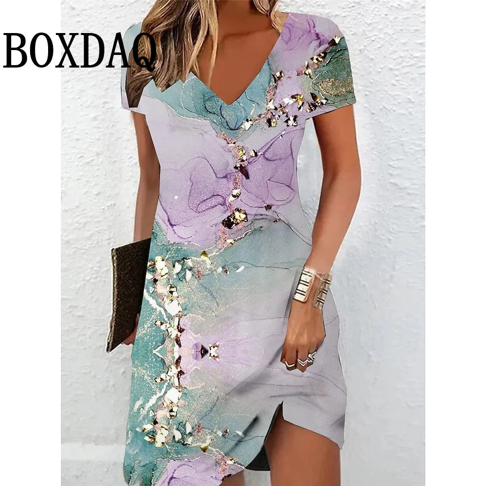 BOXDAQ V-Neck 3D Printed Tie Dye Midi Dress — Loose A-Line Casual | Summer Fashion | S–XXXL