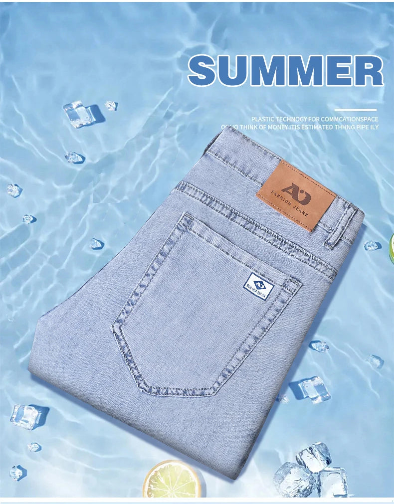 Summer Ultra-thin Men's Jeans Lyocell Soft Breathable Loose Straight Light Blue Denim Pants Business Casual Ice Silk Trousers