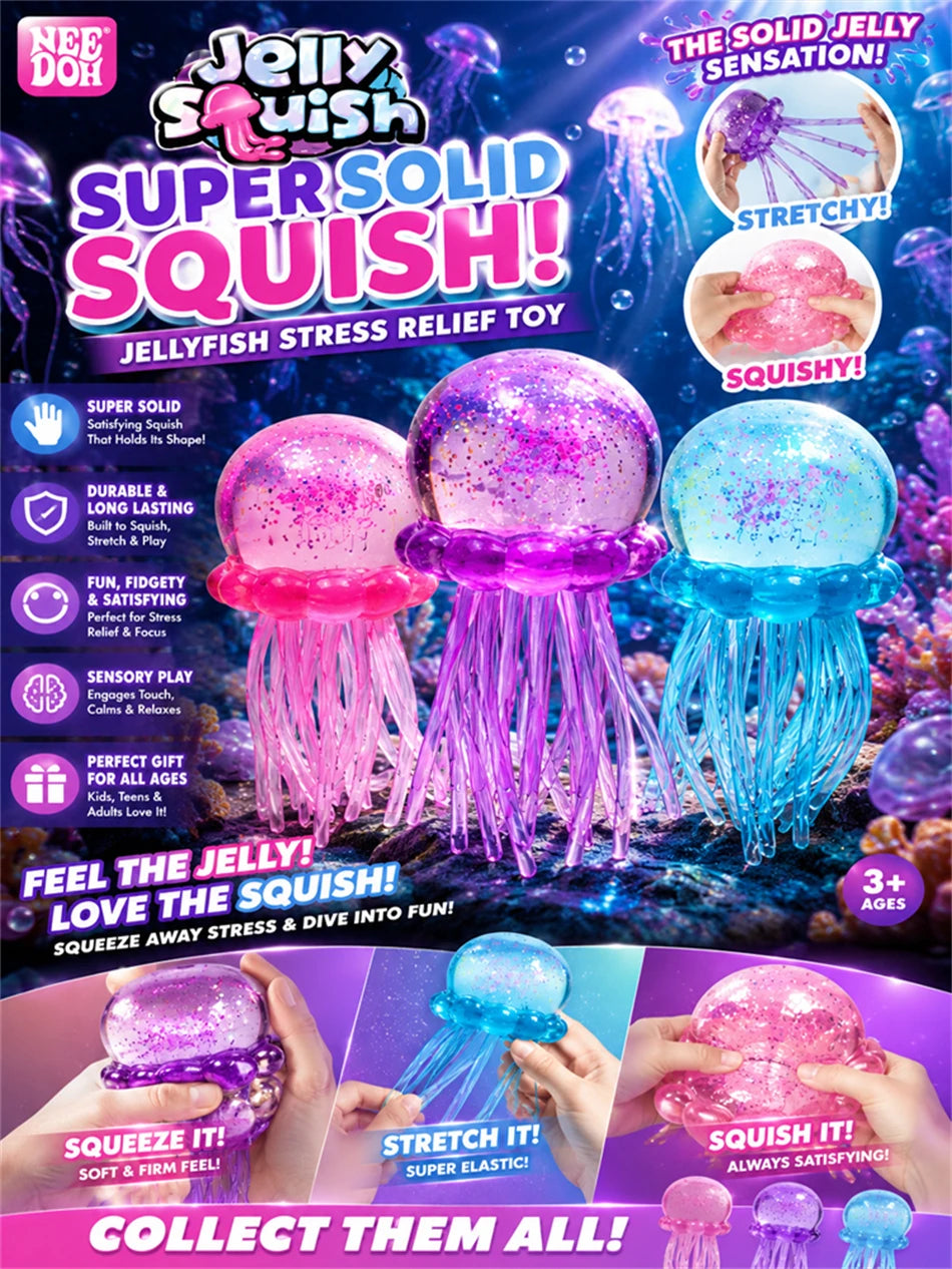 Trending Nee Doh Jellyfish & Cube Squish Toy, Soft Jelly Squeeze Stress Relief Fidget Toy, Sensory NeeDoh for Kids & Adults New