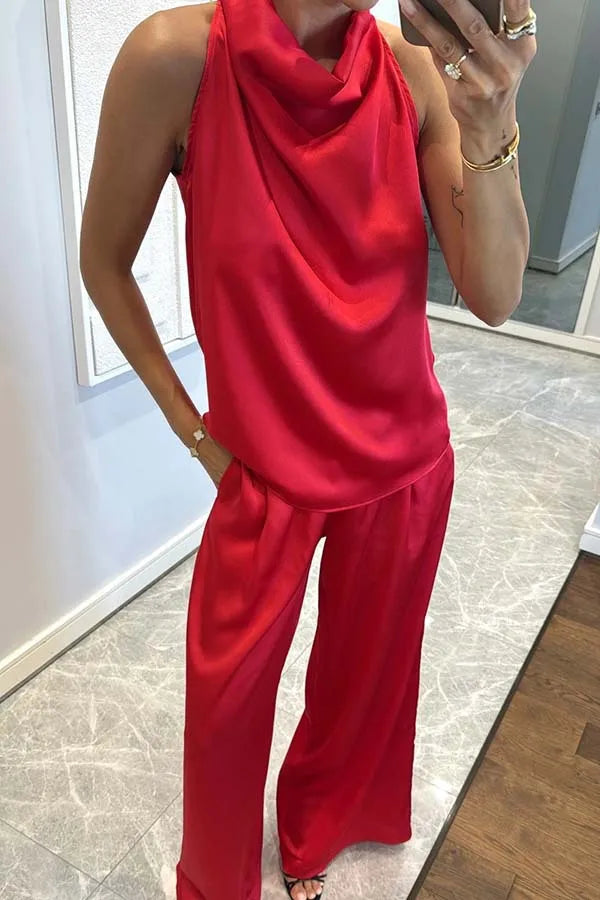 Women's Sleeveless Satin Top & Straight Pants 2-Piece Set – Chic Commuter Suit