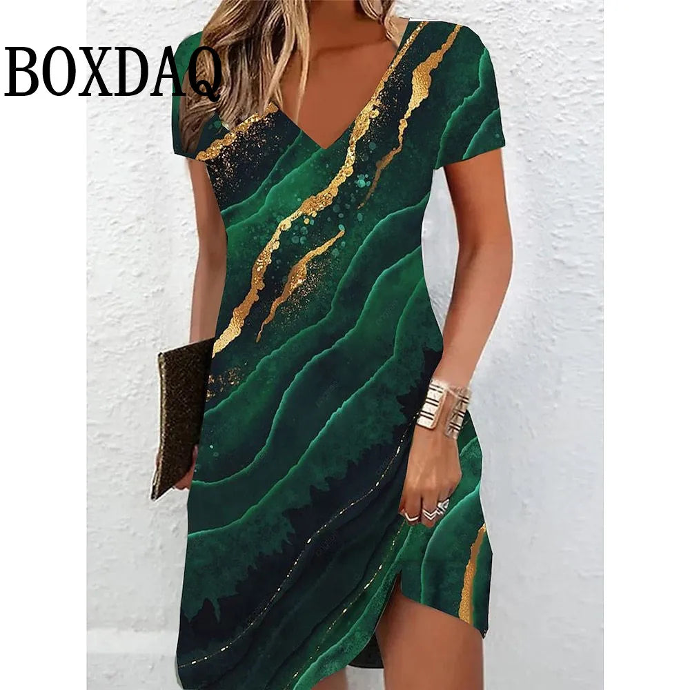 BOXDAQ V-Neck 3D Printed Tie Dye Midi Dress — Loose A-Line Casual | Summer Fashion | S–XXXL