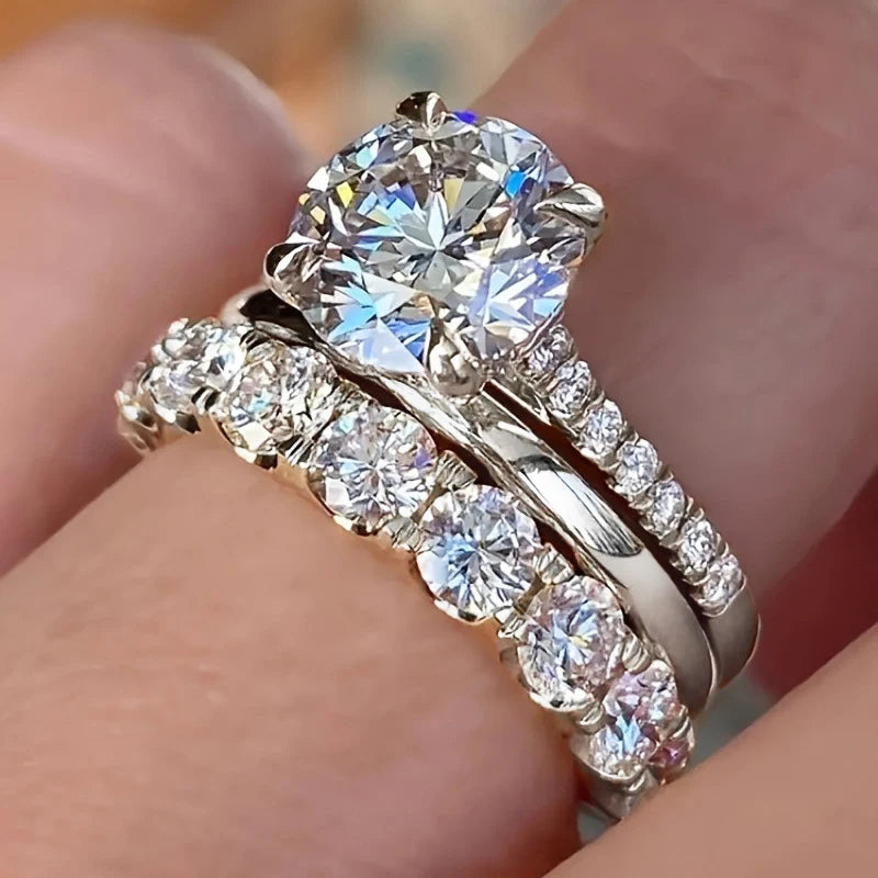 3-Piece CZ Bridal Ring Set — Stacking Engagement & Wedding Bands in Gold, White Gold or Rose Gold Tone | Sizes 5–14
