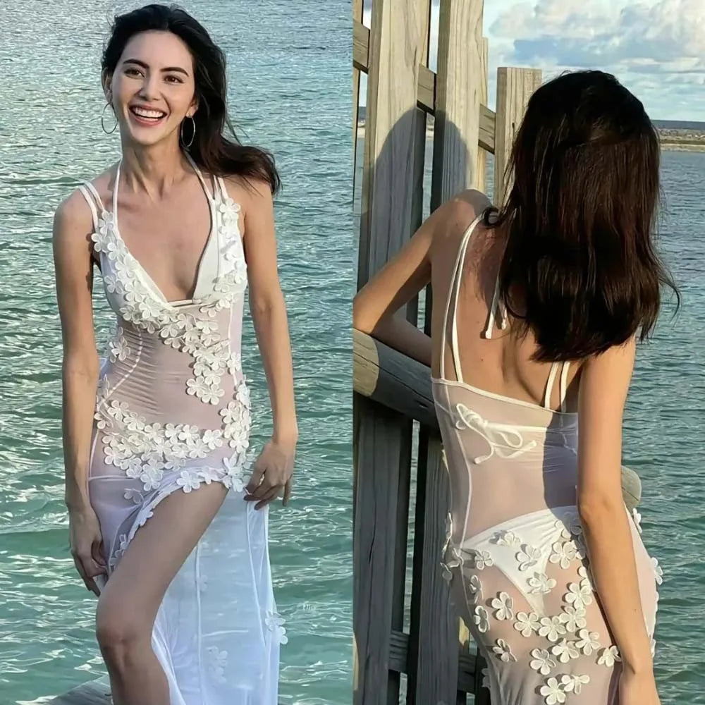 3D Flowers See Through Mesh Split Bodycon Maxi Party Dress Women Sexy V-neck Spaghetti Straps Backless Holiday Bikini Cover Ups