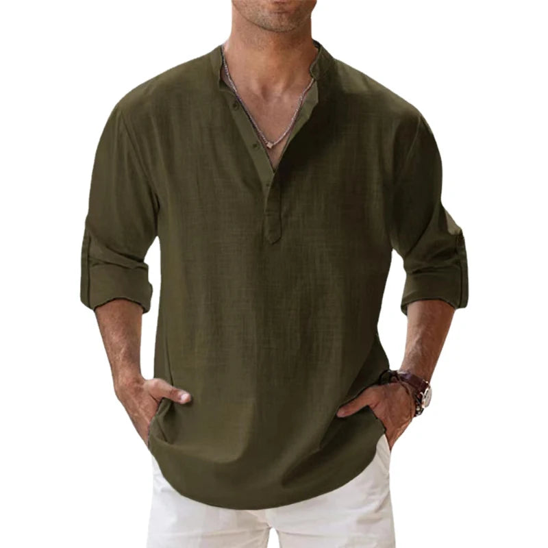 Animal Game Men's Cotton Linen Henley Beach Shirt — Lightweight Long Sleeve Casual Hawaiian Tee | All Season | 7 Colors | S–5XL
