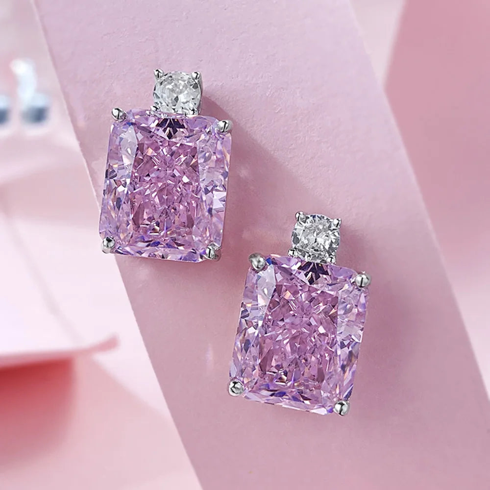 Luxury 100% 925 Real Silver 10*12mm Pink Quartz Topaz High Carbon Diamond Stud Earrings for Women Wedding Fine Jewelry Lady Gift