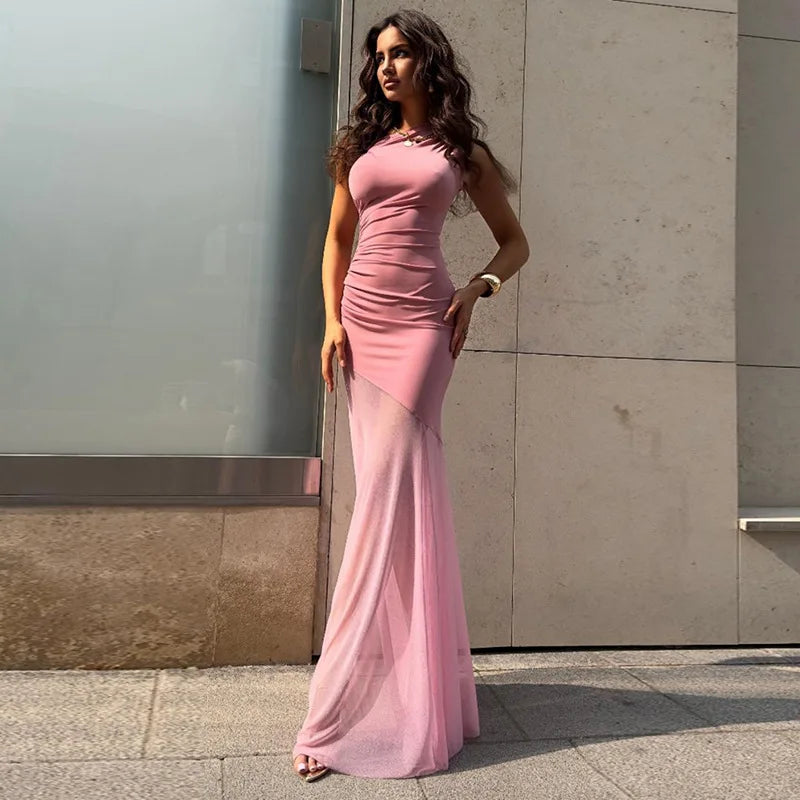 Off-Shoulder Sheer Backless Floor-Length Dress