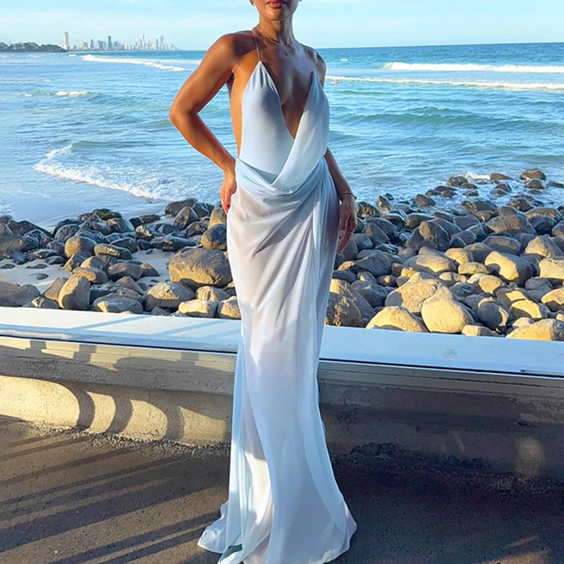 Sexy Low-cut V-neck Sleeveless Suspender Dress Elegant Mesh Patchwork Backless Long Dress Fashion Draped Solid Beach Party Dress