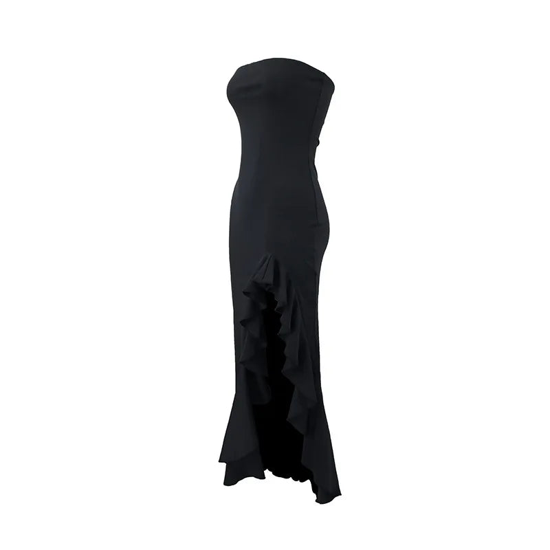 Wine Strapless Ruffle-Slit Maxi Dress — Sleeveless Evening Gown