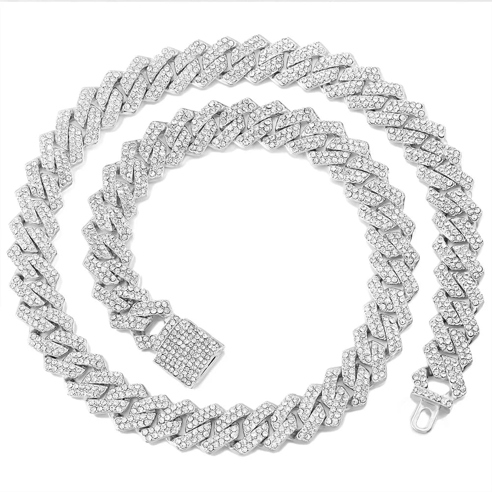 14mm Iced Out Cuban Link Chain — Prong-Set Choker & Bracelet, Gold or Silver Tone | Unisex