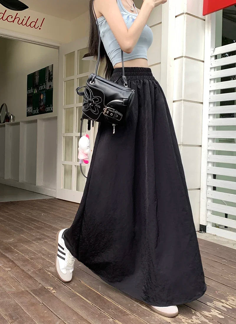 Chic Women Pockets A-Line Long Skirts Ladies Casual Loose Elastic High Waist Midi Skirt 2024 Spring Summer