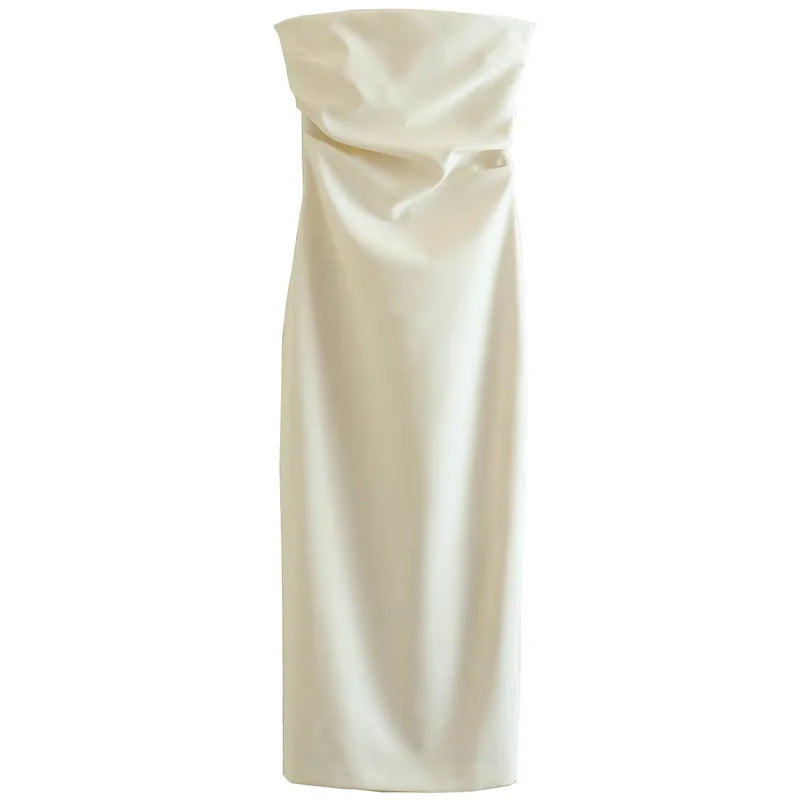 HXAO Strapless Ruffle Midi Dress — Off-Shoulder Backless Sheath | Prom Party Summer | Black White Beige | XS–L