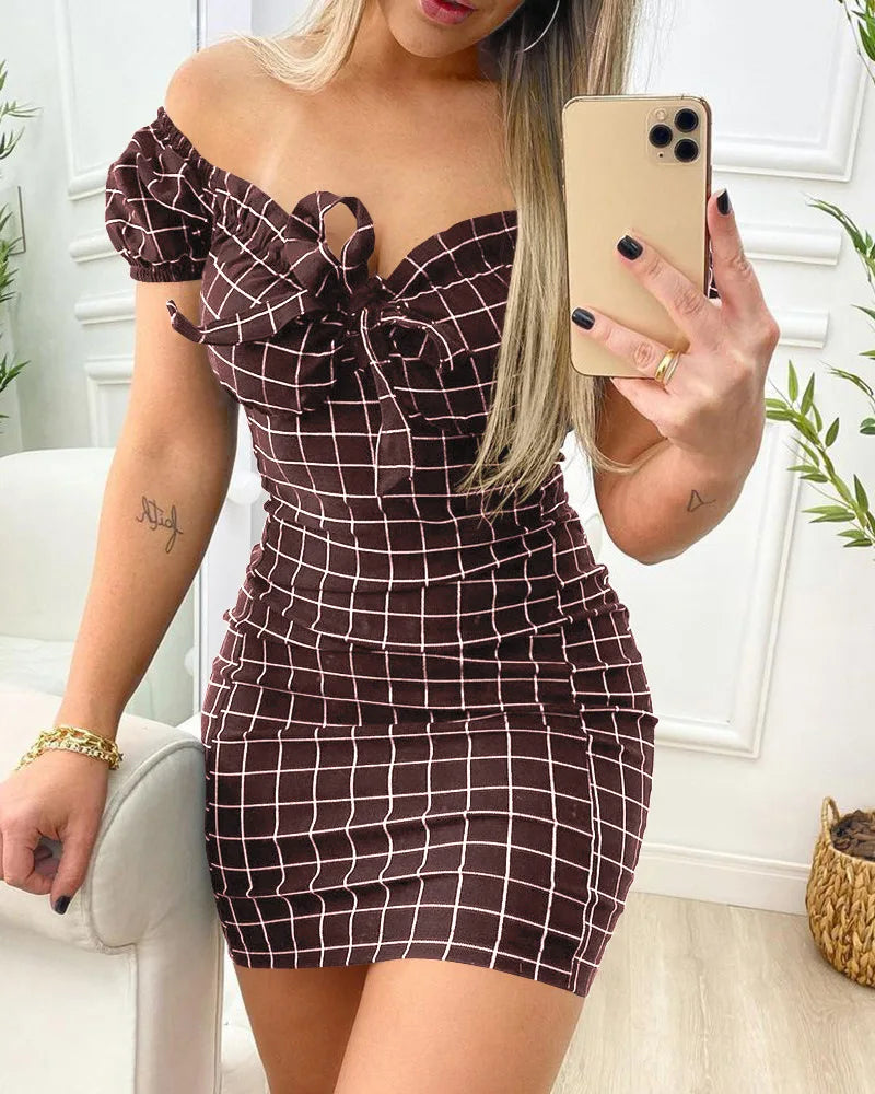 Summer dress short skirt of cross border grid print dress
