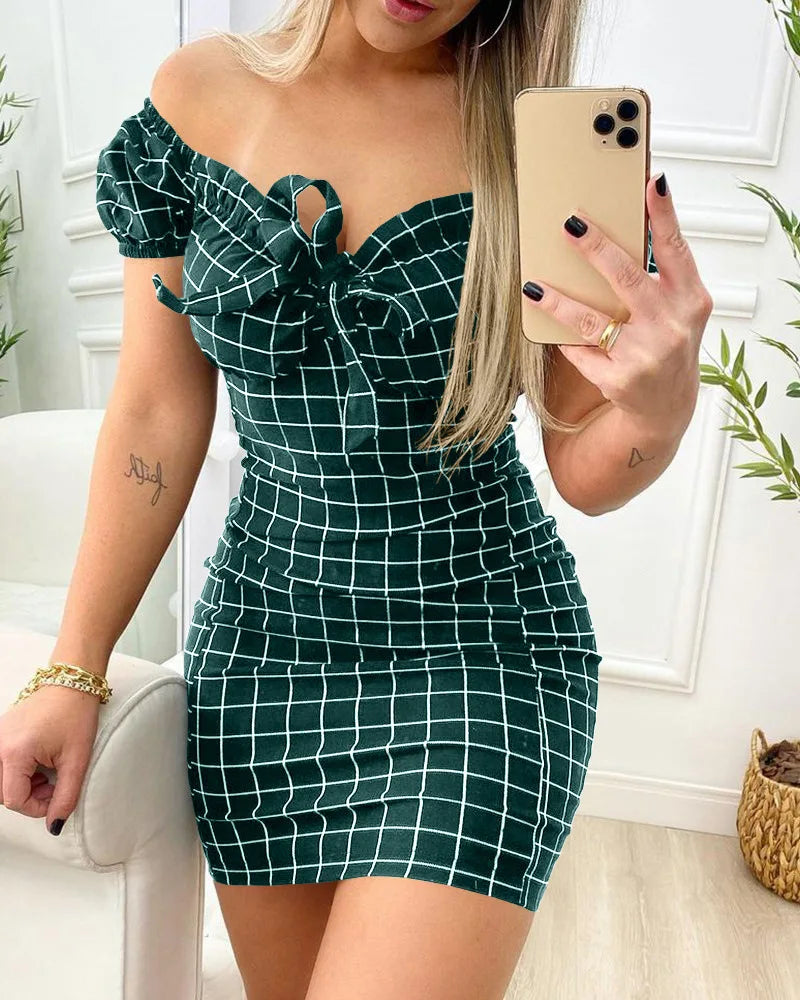 Summer dress short skirt of cross border grid print dress
