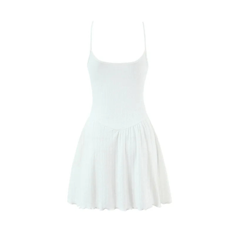 Women White Knit Strap Dress Sweet V Neck Ruffle Hem Casual Sundress For Summer Vacation Backless Deep V Sleeveless Elegant 57UD