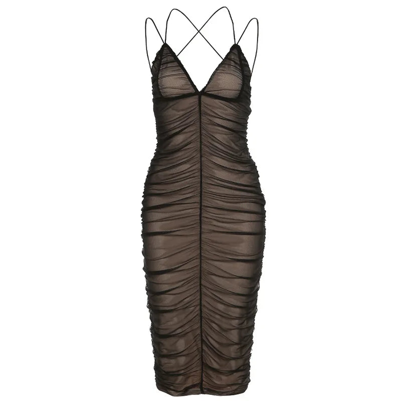2023 Mesh Patchwork V Neck Backless Slips Draped Sexy Bodycon Midi Dress Summer Women Y2K Beach Rave Party Clothes