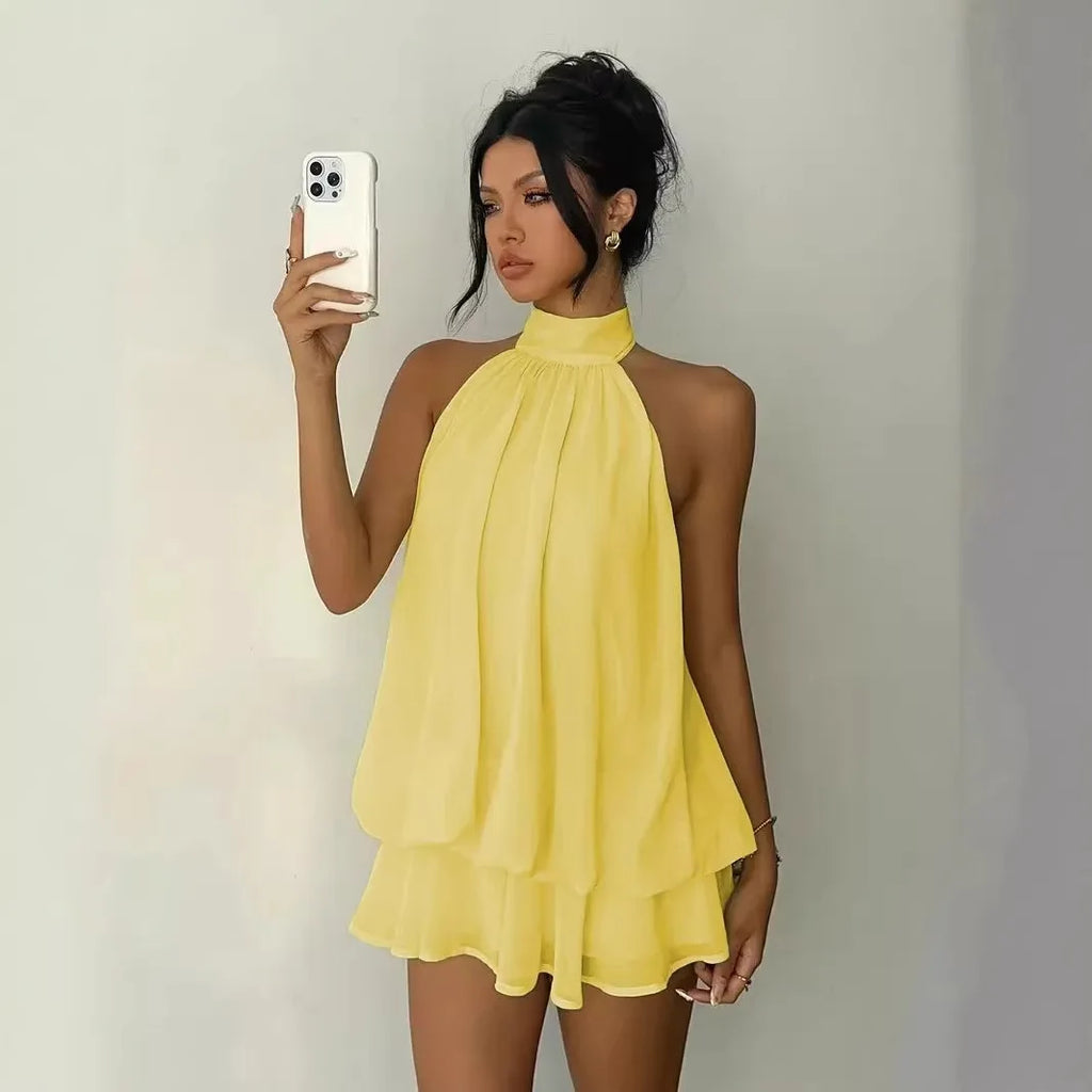 Women's Sleeveless Backless A-Line Mini Dress – Elegant Halter Party Dress