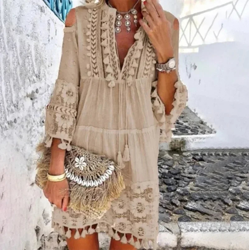 MLSJSHIQI Lace V-Neck Tassel Mini Dress — White Casual Elegant | Medium Stretch | Spring Summer