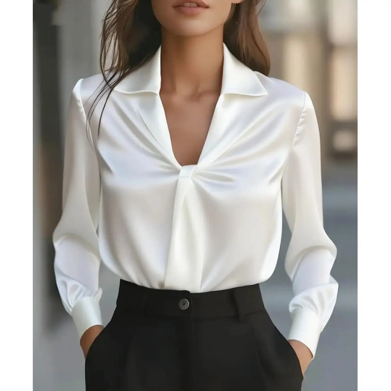 Premium Pure Color Long Sleeve Woven Shirt — Polyester Deformation-Resistant | Elegant Office Style | Women's Autumn